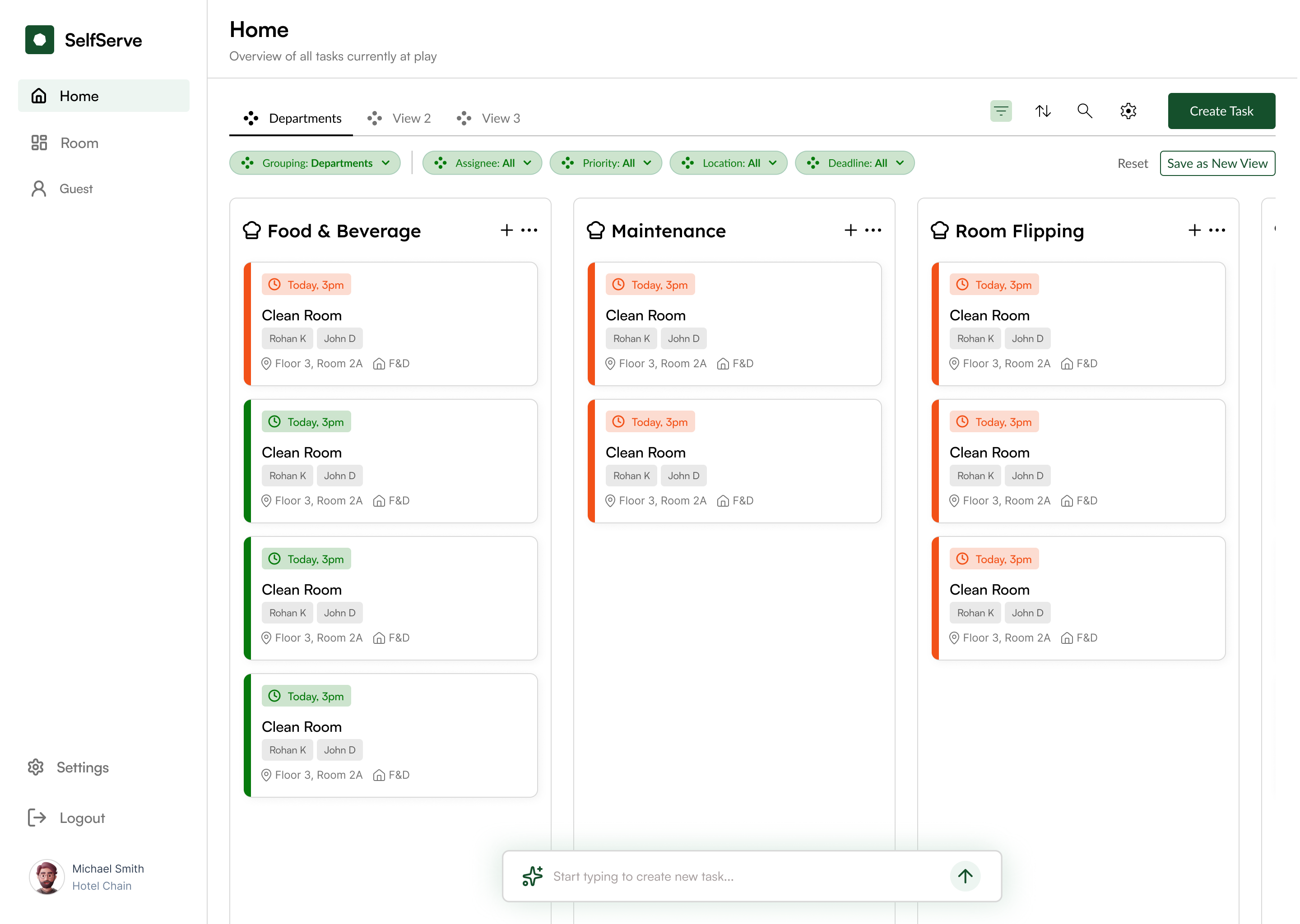 SelfServe dashboard showing task management across departments